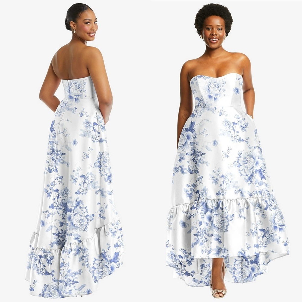 NWT ALFRED SUNG Floral Satin Twill Sweetheart Neck Strapless Ruffle Hem Gown 14 - Picture 5 of 7
